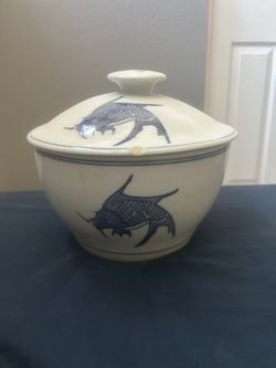 Vintage Chineses Porcelain Blue and White Carp or Koi Covered Serving Bowl