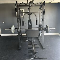 Vesta Fitness Smith Machine 2001 w/Bench Attachment | 230lb Bumpers Weights | 7ft Olympic Bar | Fitness | Gym Equipment | FREE DELIVERY🚚 