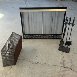 Vintage Fireplace Black and Brass Screen, Chimney Cap and Iron Tool Set