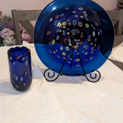 Gorgeous Blue Collection Blown Glass Plate And Vase Set