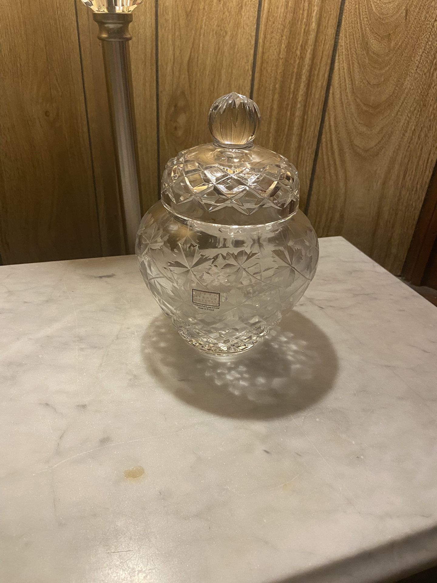 Poland Fifth Avenue Ginger Jar Full Lead Crystal Clear Hand cut Etched Vintage Come With A Crystal Pillar Votive Candle Holder