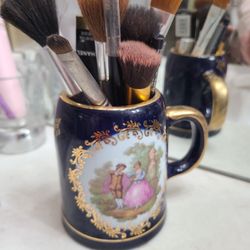 Vintage Limoges Cobalt Blue Victorian Couple Mug 22k Gold Hand Painted Porcelain Bridgerton chic  