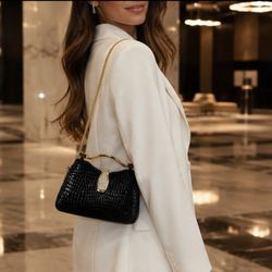 ✨ Black Croc Embossed Mini Bag – Gold & Crystal Hardware – Chain Strap