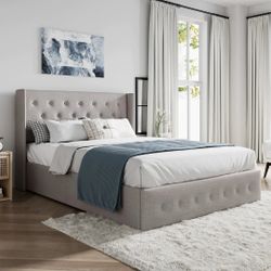 Queen Lift Up Storage Bed / Wingback Headboard / Upholstered Platform Bed Frame / No Box Spring Needed