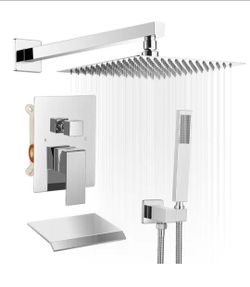 BWE Shower & Tub System with 12" Rain Can & Hand Shower in Chrome (Valve Included)