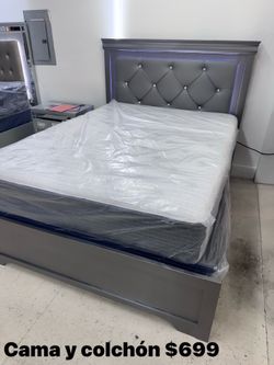 Gray Bed Frame with LED Headboard Mattress including boxspring