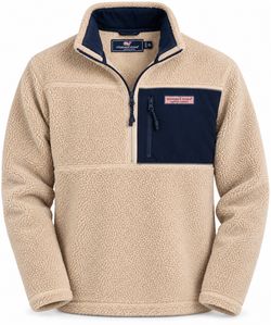 Vineyard Vines Men’s XL Sherpa Fleece 1/4 Zip Pullover Tan Navy Blue Pocket