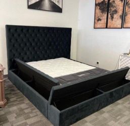 Prague Black Velvet King Upholstered Storage Platform Bed