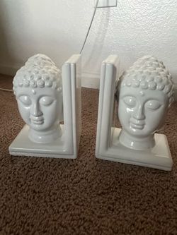White Ceramic Buddha Head Bookends