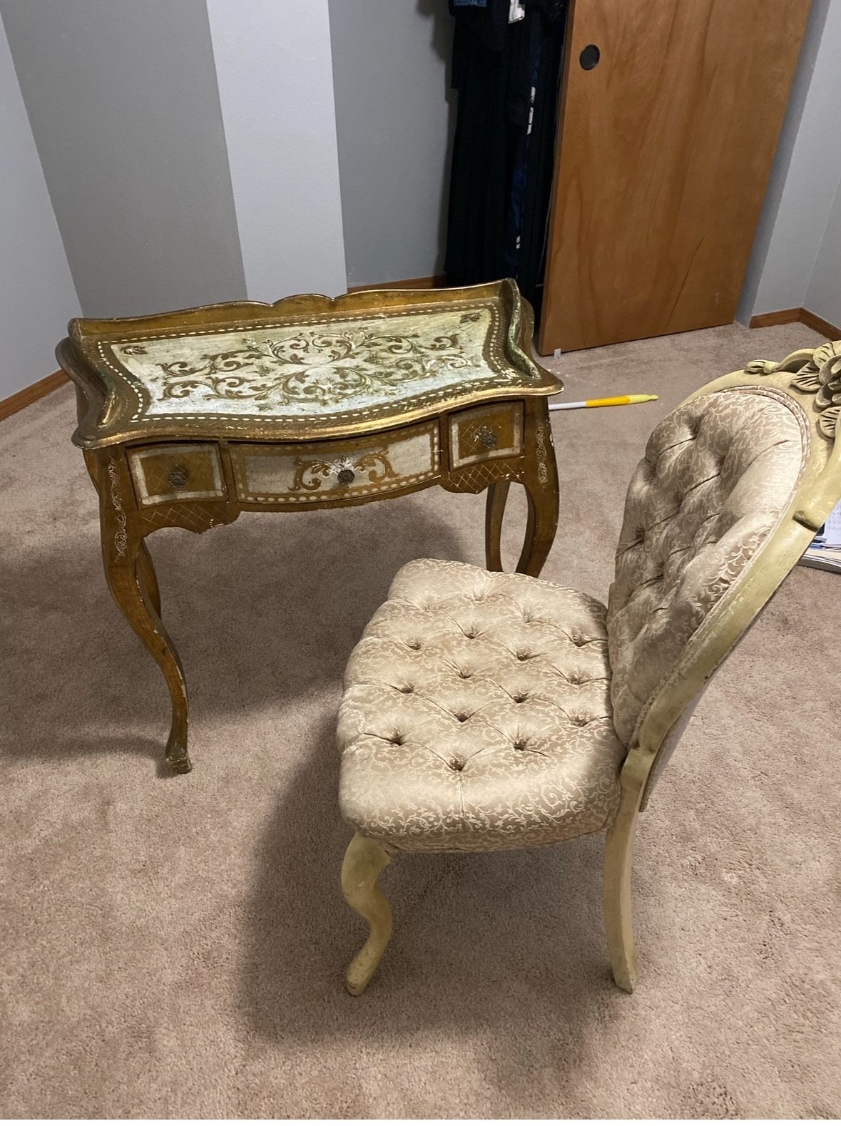 Vintage Italian Florentine (also called Florentia) giltwood desk/vanity with a matching Florentine-style tufted side chair.  