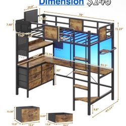 ✌️ Twin Size Loft Bed with L-Shaped Desk,Twin Loft Bed with 5 Storage Drawers, LED Lights & Charging Station,Removable Ladder, Safety Guardrail,No Box