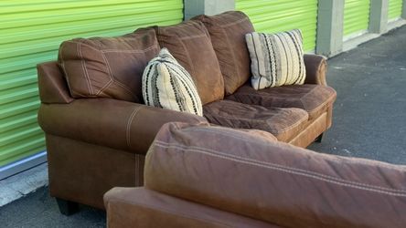 Brown Leather-Look Sofa Couch + Loveseat | Living Room Set