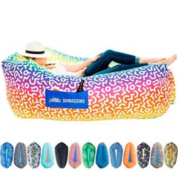 🌈 Elevate your outdoor relaxation with the Chillbo Shwaggins Inflatable Couch in Rainbow Swizzle! 🌈  Designed for ultimate comfort and convenience, 