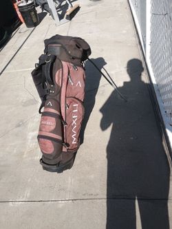 Brown and red maxfli-7 way divider stand golf bag