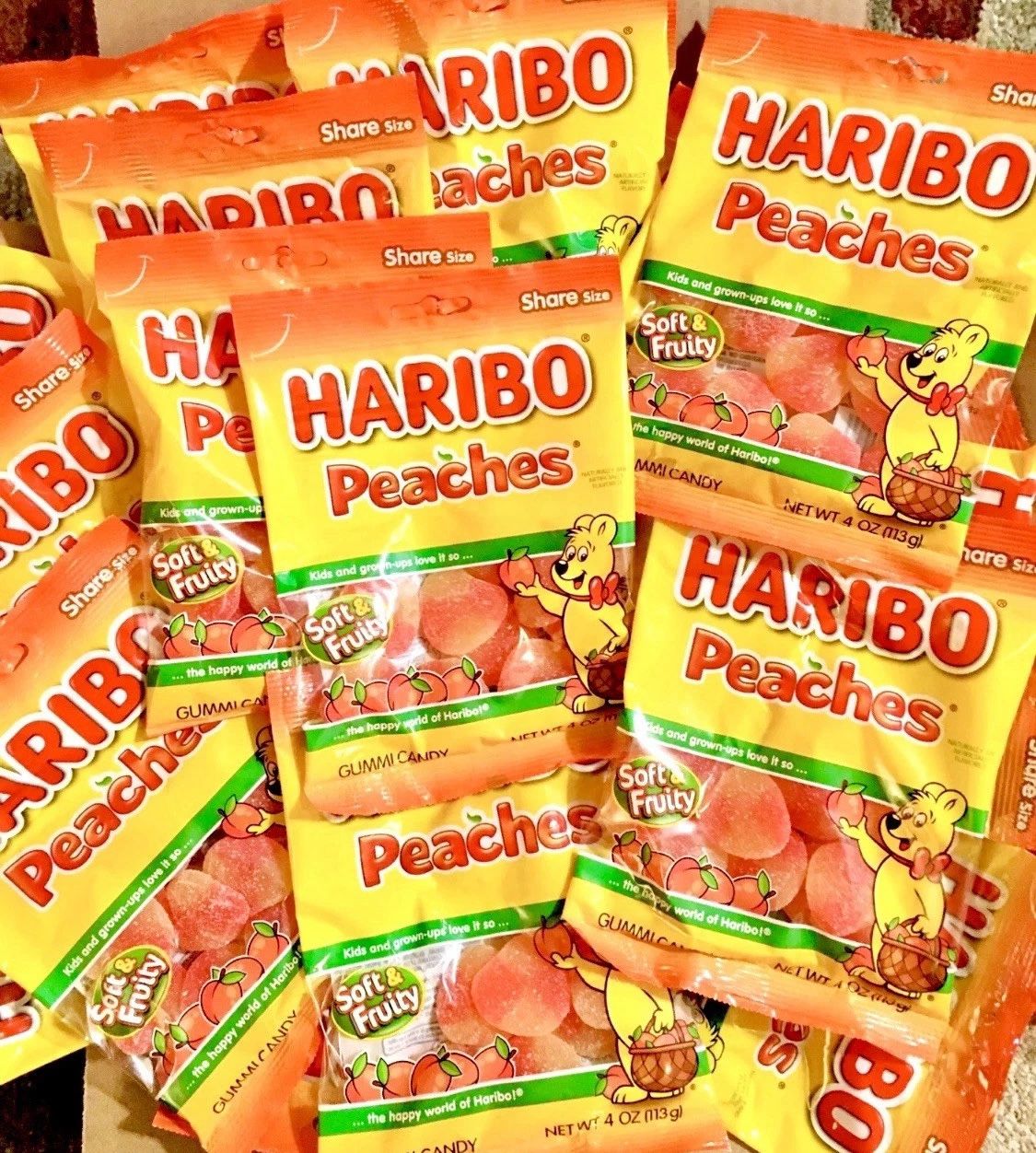 Bulk- By The Case Haribo Peaches Gummi Candy 4oz Bags (12 Per Case)