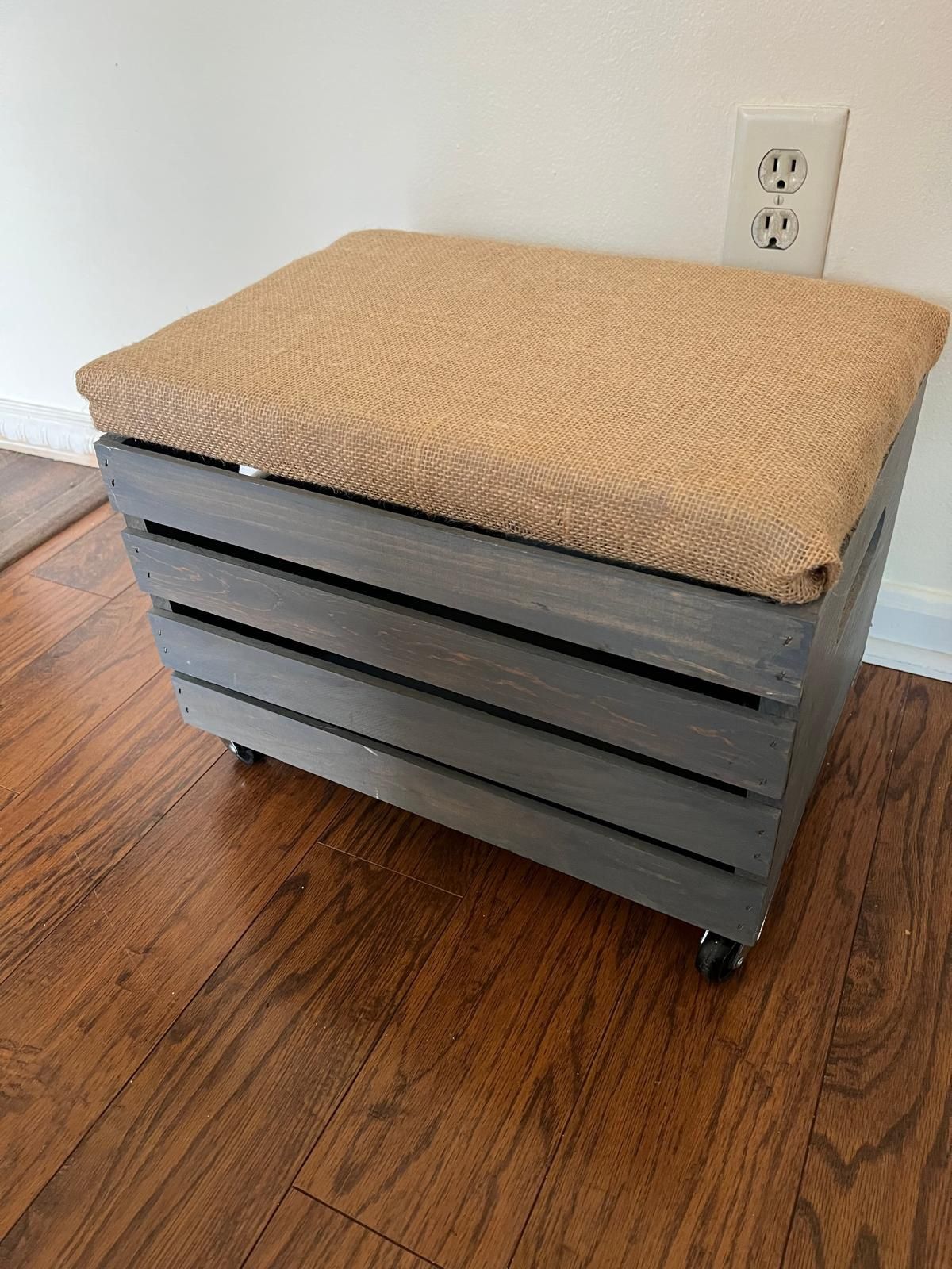 Grey Wooden Crate Ottoman on Wheels