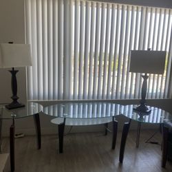 3 Glass Tables And 2 Lamps For Sale