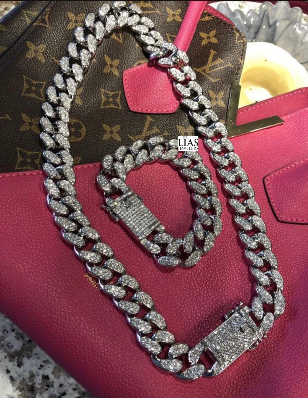 New 18k White Gold Cuban Link Chain And Bracelet 