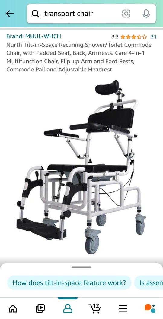 Nurth Tilt-in-Space Around The House Transport Shower And Commode Chair.
