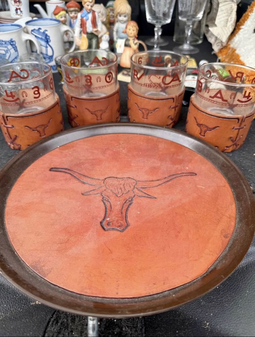 Vintage Libbey Bamco Western Theme Bar Glasses with Tooled Leather Holders and serving tray 