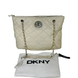 DKNY Women's Leather Ivory Quilted Nappa Shoulder Bag w/ Chain & Leather Strap
