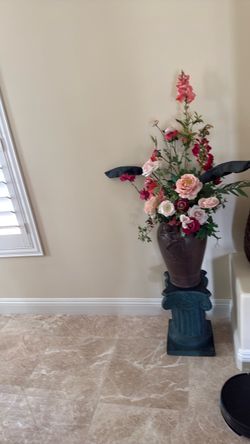 Large Floral Arrangement in Brown Vase with Pedestal