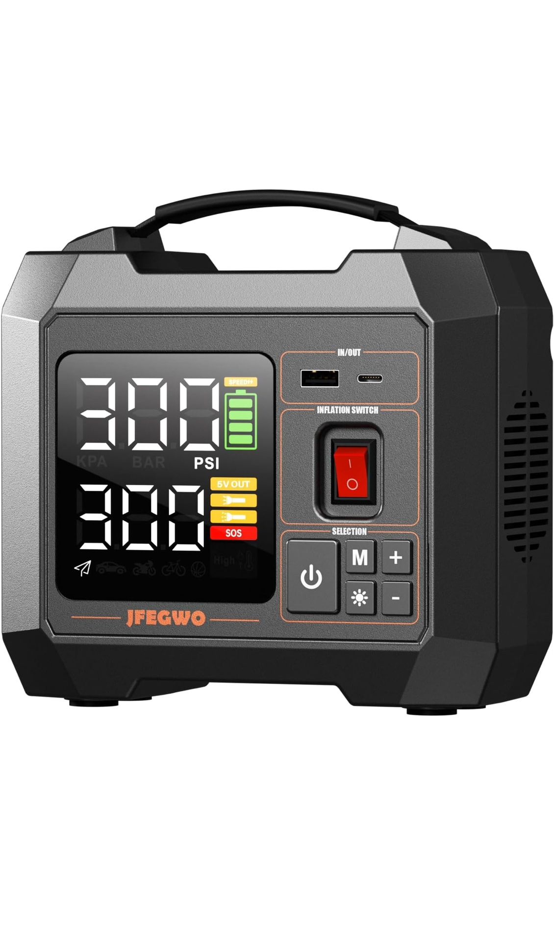 Portable Heavy-Duty Tire Inflator for Pickup Truck,RV, 300PSI Air Compressor, 9X Faster Inflator with 3.7 inch Digital Gauge. 5 Safety Protections and