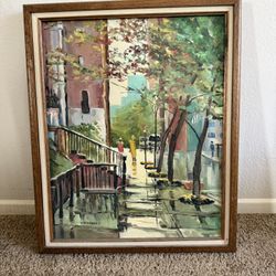 Framed European Street Scene Painting, Hand Painted