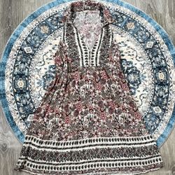 En Crème Small White Green Pink Collared Flowy Boho Tank Mini Baby Doll Dress