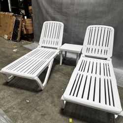 $150.00 New 3 Pieces White Plastic Outdoor Patio Pool Chaise Lounge Pool Tanning Adjustable Recliner