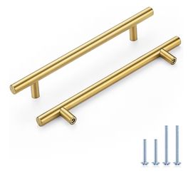 Brushed Brass Cabinet Handles 6-1/4 Inch Hole Spacing, Stainless Steel Drawer Pulls for Cabinets