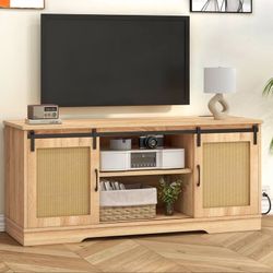 Moasis 59" Wood TV Stand with Sliding Rattan Barn Door Entertainment Center Media Console