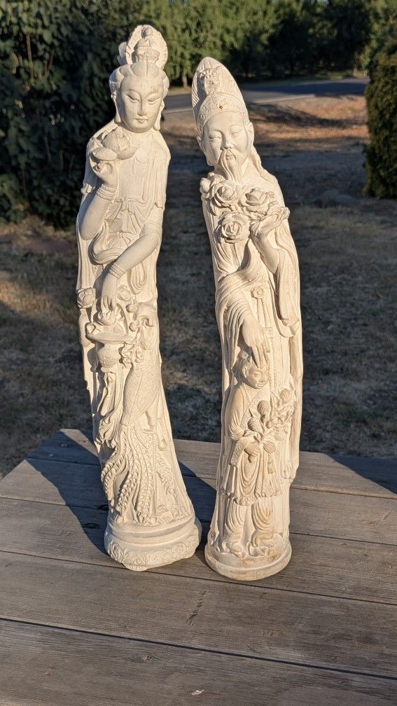 Pair of 25 Inch Asian Ceramic Statues of Immortals with Intricate Floral Detail