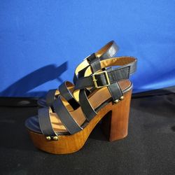 American Appeal Brown Wooden Heeled Strappy Heels (Size 8.5)