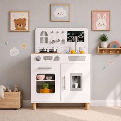 Kids Play Kitchen w/Blackboard, Kids Wooden Pretend Playset Clicking Knobs, Sink