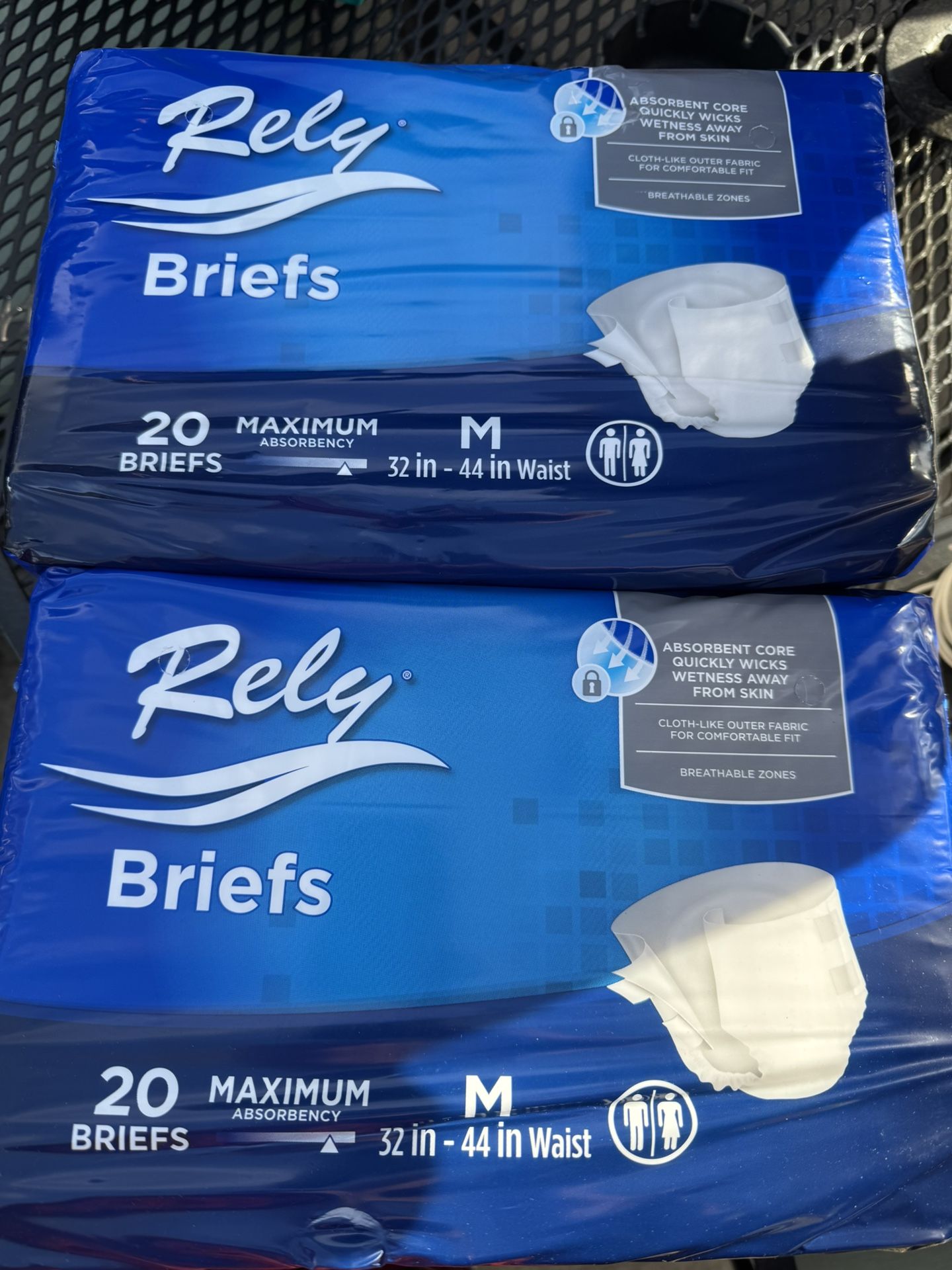 Lot 2 NEW Rely Adult Diapers, Disposable Incontinence Briefs with Tabs, Maximum- M 32”-44”