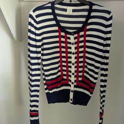 Women's Red, White, and Blue Striped Charlotte Russe Button Down Sweater Size M