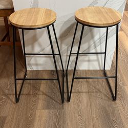 Mainstays 28"H Backless Stool Black Metal Base with Natural Wood Seat