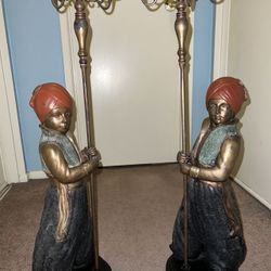 Aladdin Sinbad Genie Antique Middle Eastern Bronze Pair Statues Holding Pillars Candelabras! Roughly 3 Feet In Height! Heavy!