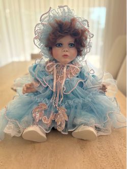 Vintage Porcelain Doll in Blue Lace Dress – Excellent Condition