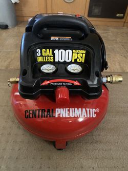 Central Pneumatic 3 Gallon 100 PSI Oil-Free Pancake Air Compressor. 
