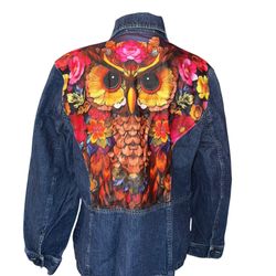 Reworked Upcycled Women's Denim Jacket Boho Bohemian Casual Size XL Owls    Chest 22” across Shoulders 17” across Length from pit 15” Sleeve from pit 
