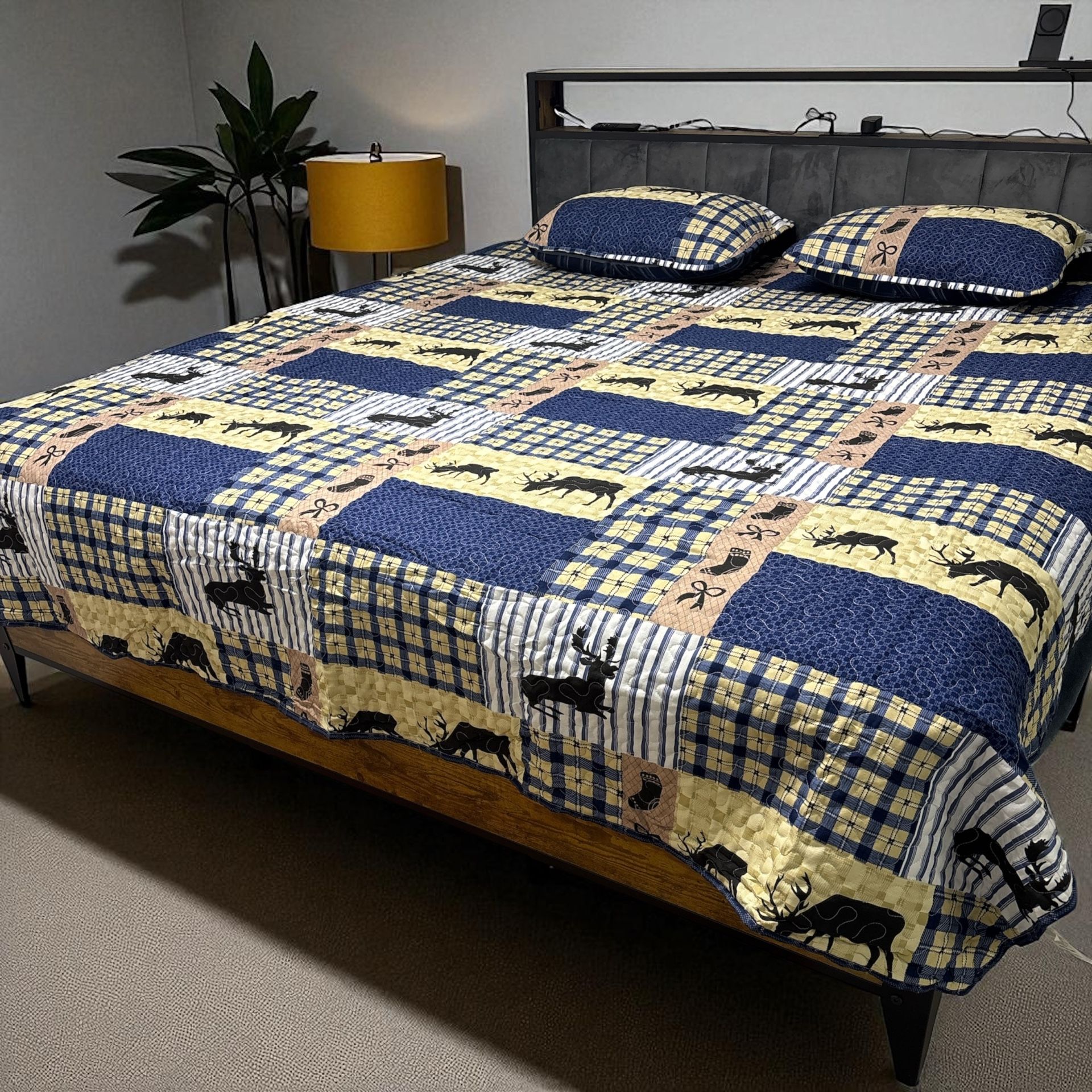Rustic Quilt Set King Size Cabin Bedding Set 3-Pieces Brown Bear Country Lodge Bedspread Green&White Plaid Patchwork Bedding Reversible Lightweight Ki