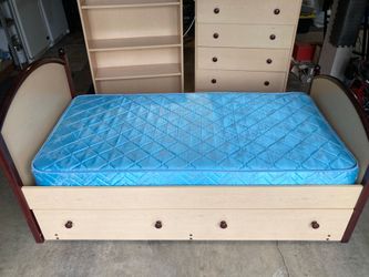 Bed Set - Bed, mattress,  bookshelf, dresser, and under bed storage