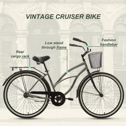 26 Inch City Cruiser Bike, Retro Classic Step-Through High-Carbon Steel Frame, Coaster Brake, Beach Casual Commuter Hybrid Cruiser Bike for Man and Wo