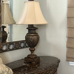 Carved Golden/brown Vintage Lamps with Fabric Shades (2)