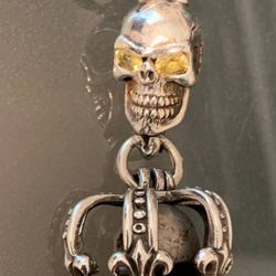 Custom 925 Silver and Sapphire Crown Skull Pendant - 2 1/2"