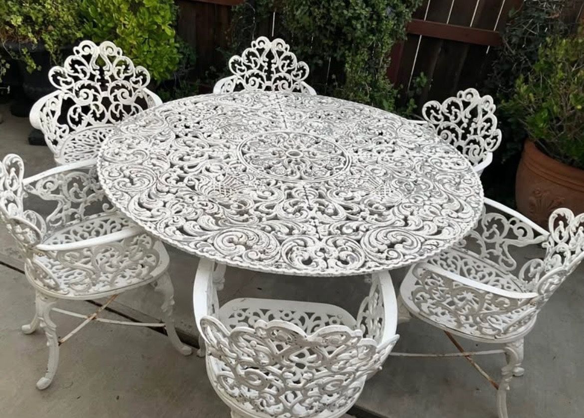 Antique Cast Iron Patio Table & Six Chairs