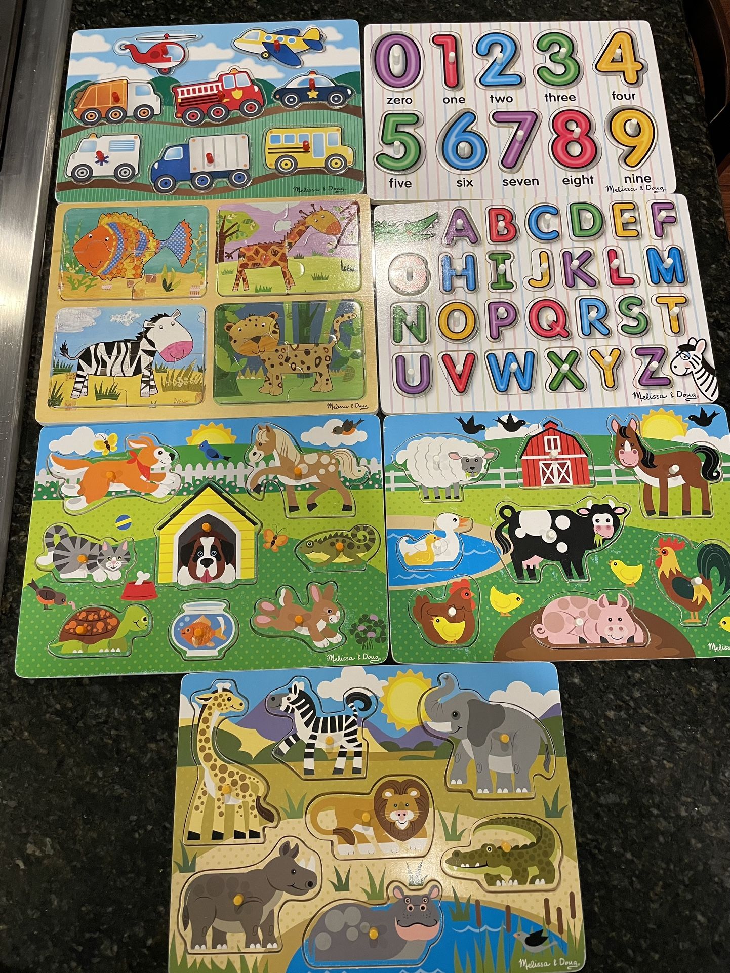 Melissa & Doug Wooden Puzzles Lot of 8: Farm Animals, Alphabet, Vehicles + More!