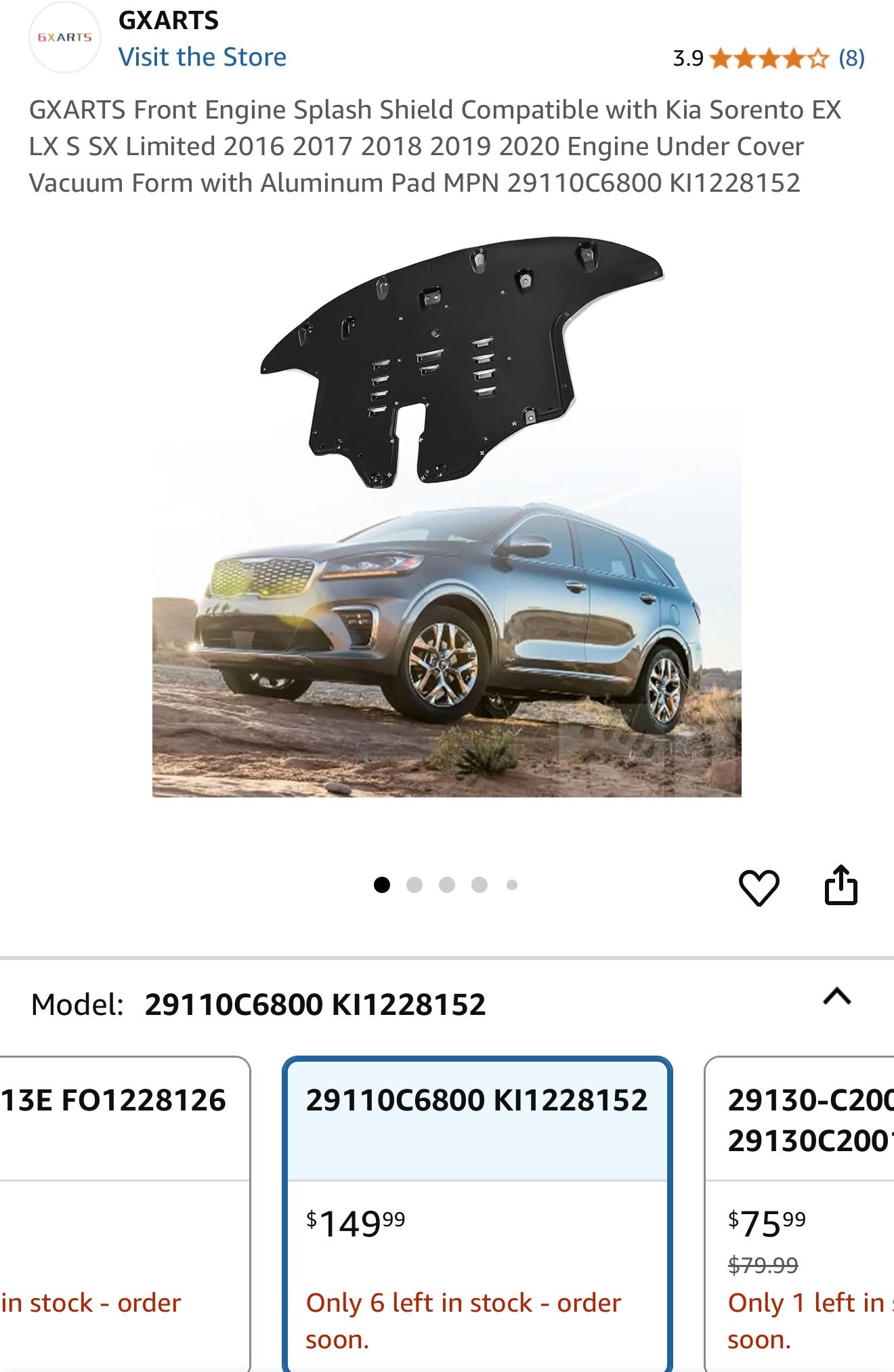 GXARTS Front Engine Splash Shield Compatible with Kia Sorento EX LX S SX Limited 2016 2017 2018 2019 2020 Engine Under Cover Vacuum Form with Aluminum